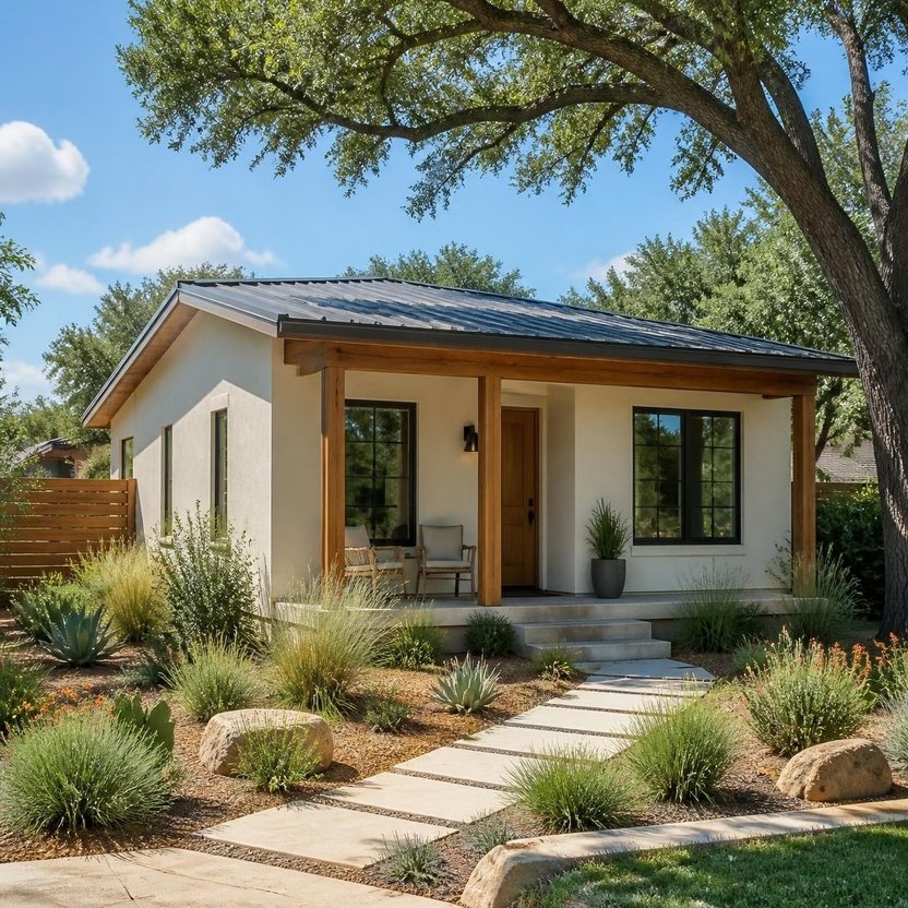 A small detached accessory dwelling unit with a covered porch and xeriscaped yard