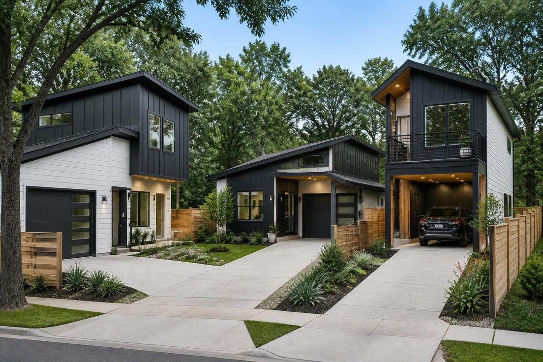 Three detached homes sharing driveways on a single residential lot