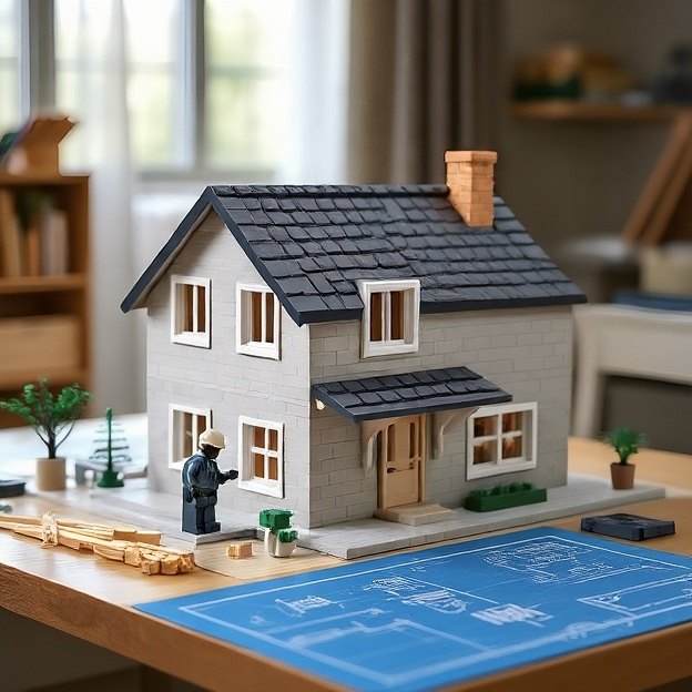 A model house on a desk beside a blueprint